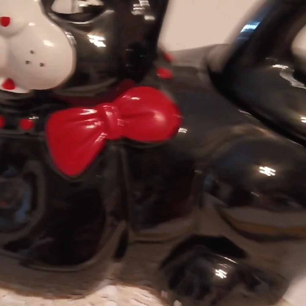 Vintage Whimsical Black Cat Cookie Jar with Red Bow